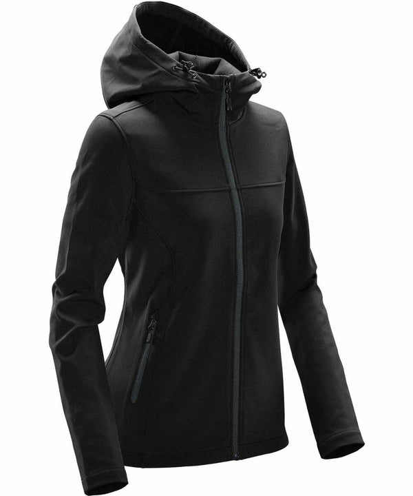A Stormtech ST189 black hooded jacket with a front zipper, two side pockets, and long sleeves.