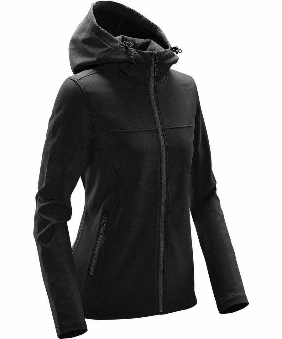 A Stormtech ST189 black hooded jacket with a front zipper, two side pockets, and long sleeves.