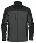 A black and grey zip-up jacket with a high collar, featuring two side pockets and one chest pocket with zippers, called the ST197 by Stormtech.