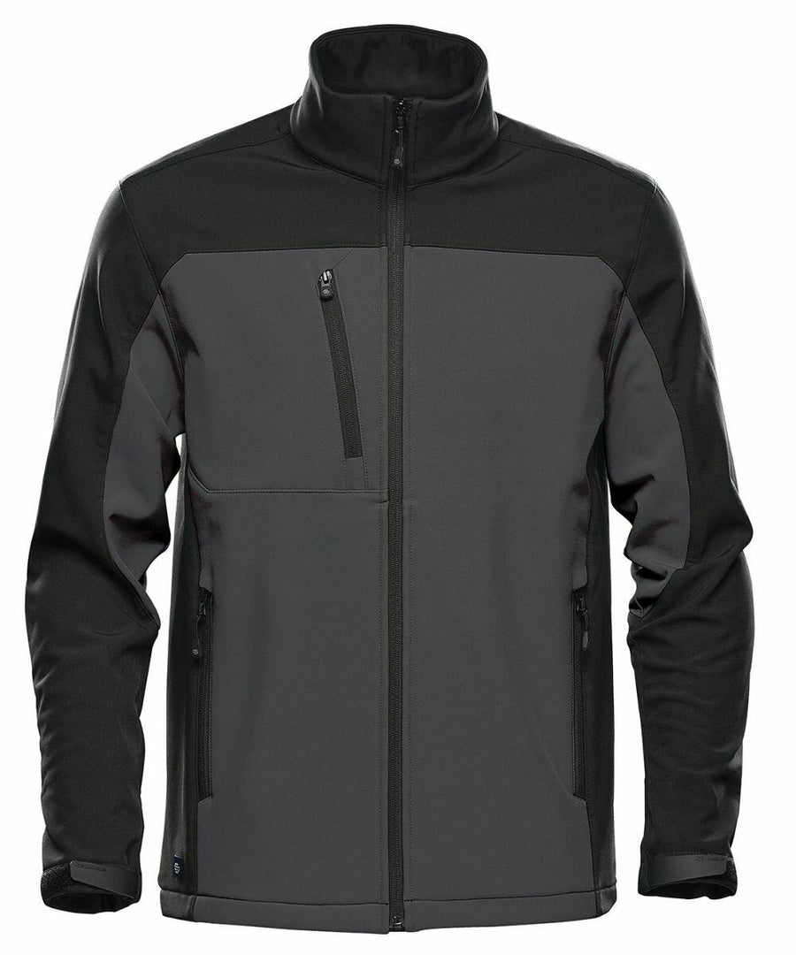 A black and grey zip-up jacket with a high collar, featuring two side pockets and one chest pocket with zippers, called the ST197 by Stormtech.