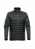 Introducing the Stormtech ST198, a stylish gray jacket with a front zipper that showcases quilted panels on the chest and smooth arms.