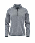 Stormtech's ST209 is a gray quarter-zip pullover sweater featuring long sleeves, a high collar, and a zippered pocket on the left arm.