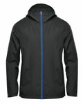 Stormtech's ST210, a black hooded jacket featuring a blue zipper, displayed on a plain background.