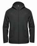 The Stormtech ST210 is a black hooded jacket with a full-length zipper on display. It showcases a simple, sleek design with long sleeves and no visible branding. The adjustable hood complements its lightweight and weather-resistant construction.