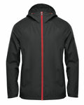 Introducing the Stormtech ST210, a stylish dark green hooded jacket featuring a vibrant red zipper and two practical front pockets.