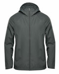 Introducing the ST210 by Stormtech: a simple and sleek dark green hooded jacket featuring a front zipper and long sleeves. Perfectly displayed against a white background, this versatile piece is ideal for various outdoor activities.