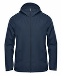 The ST210 from Stormtech is a dark blue hooded jacket featuring a full-length zipper and long sleeves. Its simple, sleek design makes it perfect for outdoor activities, with the hood seamlessly integrated into the overall structure.