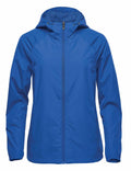 The Stormtech ST211 is a blue hooded rain jacket featuring a front zipper and long sleeves.