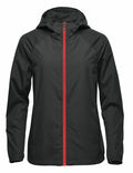 Stormtech's ST211 black jacket features a hood, red zipper, and long sleeves.