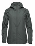 Introducing the Stormtech ST211: a dark green hooded rain jacket featuring a convenient front zipper. This design boasts long sleeves and a slightly fitted silhouette, crafted from lightweight fabric ideal for outdoor activities.