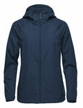 The Stormtech ST211 navy blue hooded windbreaker jacket, featuring a front zipper and long sleeves, is displayed against a plain white background.