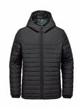 Introducing the Stormtech ST212: a black hooded puffer jacket featuring a zipper closure, quilted design, and long sleeves.