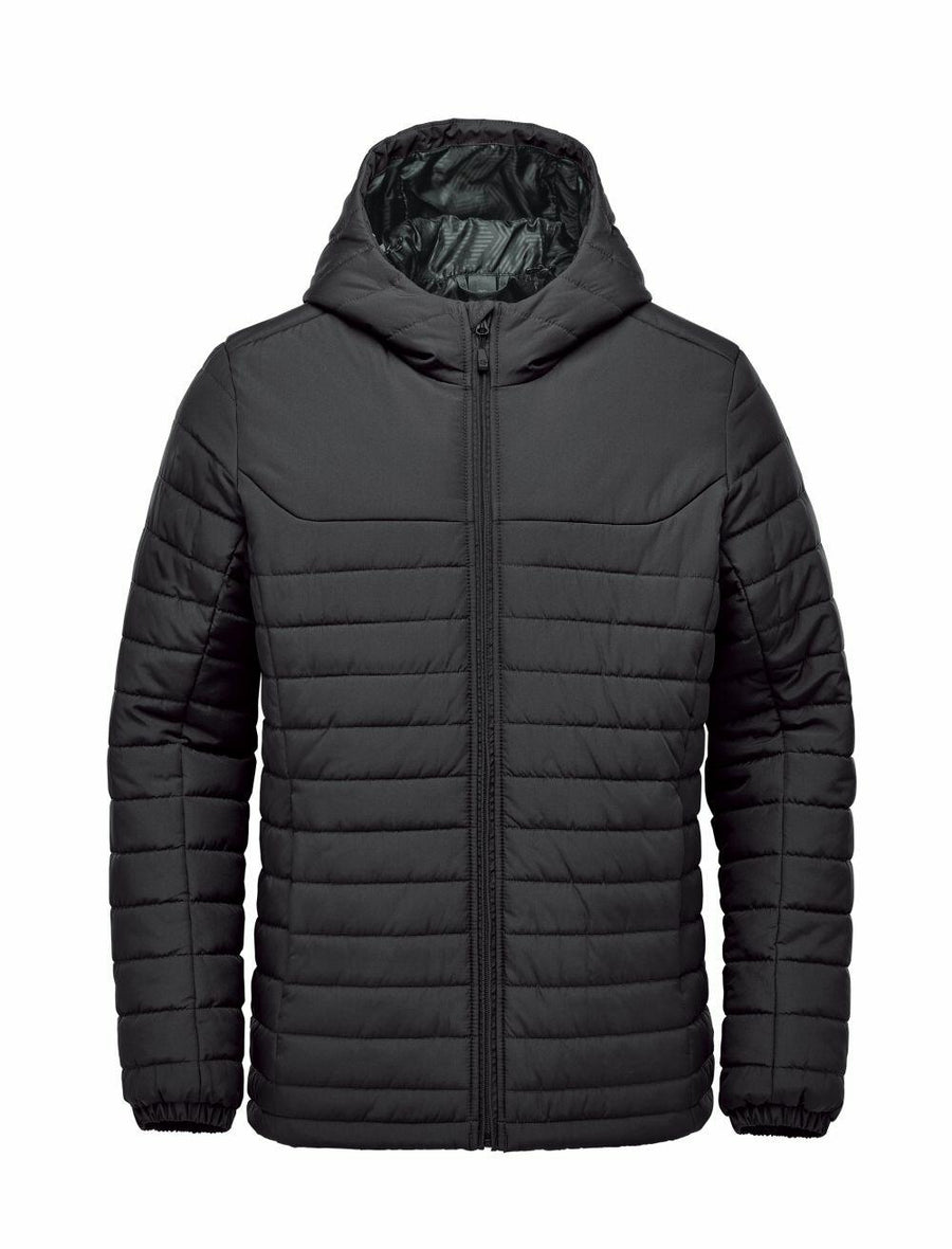 Introducing the Stormtech ST212: a black hooded puffer jacket featuring a zipper closure, quilted design, and long sleeves.