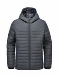 Stormtech's ST212 is a gray puffer jacket featuring a hood and front zipper.