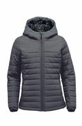 Stormtech ST213 jacket, featuring a gray hood with a front zipper and horizontal stitching.