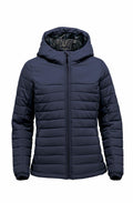 Stormtech's ST213 is a dark blue puffer jacket featuring a hood and a front zipper.