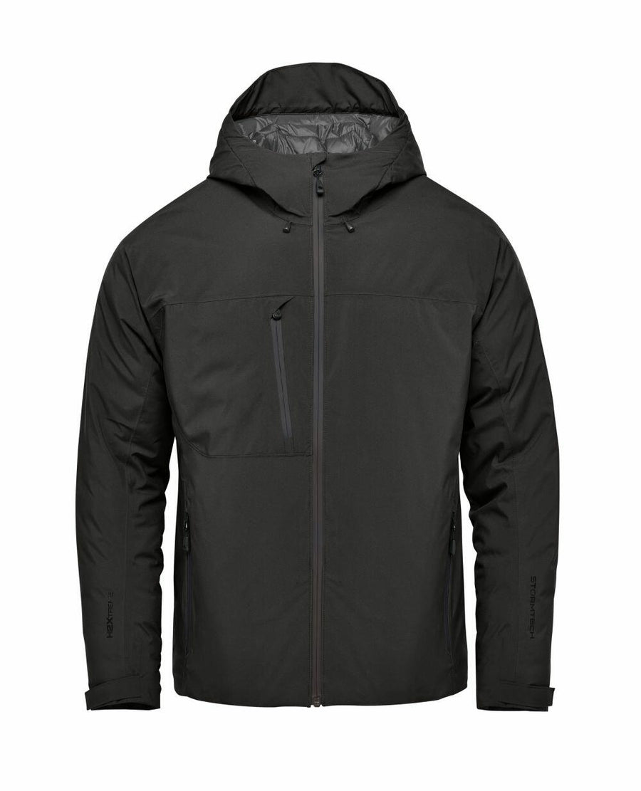 Stormtech's ST214 is a black winter jacket featuring a hood, front zipper, and chest pocket.