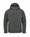 Stormtech's ST214 is a dark green hooded jacket featuring a front zipper, a chest pocket, and two side pockets.