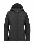 Stormtech's ST215 jacket in black features a hood, front zipper, and side pockets, all crafted for cold weather.