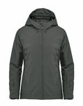Stormtech's ST215 jacket in dark green features a front zipper and adjustable drawstrings.