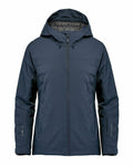 The Stormtech ST215 jacket is navy blue, features a hood, has a front zipper, and includes two side pockets.