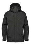 Introducing the Stormtech ST218: a hooded outdoor jacket in dark green featuring a front zipper, a chest pocket, and two side pockets.