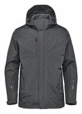 A Stormtech ST218 gray hooded jacket featuring a front zipper and a chest pocket.