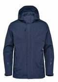 A navy blue ST218 hooded winter jacket by Stormtech, featuring a zipper and chest pocket, displayed against a white background.