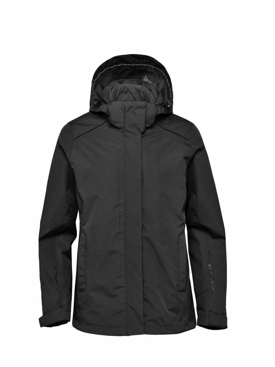 The Stormtech ST219 black hooded jacket, featuring a front zipper and long sleeves, is showcased against a white background.