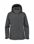 The ST219 by Stormtech is a dark gray hooded jacket featuring long sleeves and a front zipper closure.