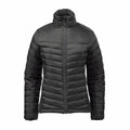 Stormtech's ST226 black puffer jacket featuring a high collar and front zipper, showcased on a simple white backdrop.