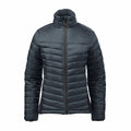 The ST226 by Stormtech is a dark green puffer jacket featuring a high collar and front zipper, designed with horizontal quilted stitching.