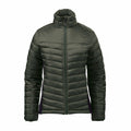 Product ST226, a dark green puffer jacket by Stormtech, showcases a front zipper, high collar, and horizontal quilting. Designed for cold weather with a lightweight feel, the jacket is set against a plain white background.