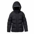 Stormtech's ST228, a black puffer jacket featuring a hood, front zipper, and padded design, is showcased against a plain white background.