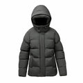 The Stormtech ST228 gray hooded puffer jacket features front zipper and snap closures, displayed against a white background.