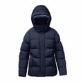 Introducing the Stormtech ST228, a navy blue puffer jacket featuring a hood and front zipper, crafted for cold weather.