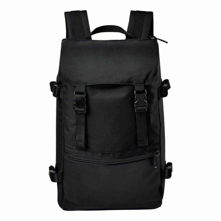 Introducing the Stormtech ST234: a sleek black backpack featuring two adjustable shoulder straps, a convenient top handle, and a front pocket secured with a zipper.