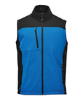 The Gilets & Body Warmers is a sleeveless waistcoat with a blue body, black shoulders, side panels, and collar. It includes a front zip, two side zipped pockets, and one vertical zipped chest pocket.