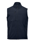 A high-collar, sleeveless Gilets & Body Warmers waistcoat in dark navy blue features a zip front and three zipped pockets—one on the left chest and two at the sides—shown against a white background.