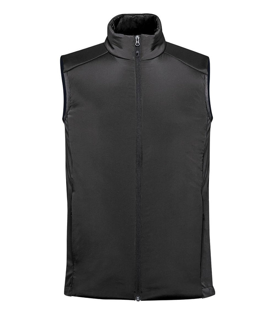 The Gilets & Body Warmers is a sleeveless black zip-up waistcoat with a high collar, smooth texture, and visible side pockets, displayed against a plain white background.