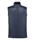 The Gilets & Bodywarmers is a sleeveless navy blue waistcoat with a high collar and front zip, shown against a plain white background, featuring a minimalist design without visible branding or extra details.