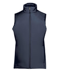 The Gilets & Body Warmers product is a sleeveless, navy zip-up waistcoat with a high collar, displayed on a white background. It has a smooth, subtly shiny finish and features no visible logos or patterns.