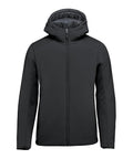 A front view of the Jackets product in plain black, featuring a hood, full-length zip, long sleeves, minimal design with no logos, and light padding.