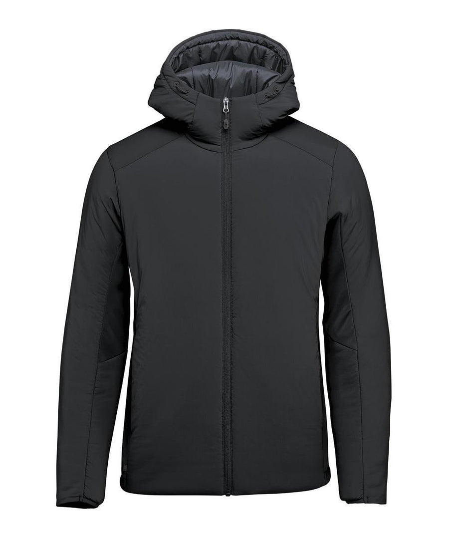 A front view of the Jackets product in plain black, featuring a hood, full-length zip, long sleeves, minimal design with no logos, and light padding.