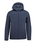A fitted navy blue jacket with a hood, front zip, and long sleeves, shown against a plain white background.