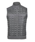 The Gilets & Body Warmers waistcoat is grey, sleeveless, quilted with a high collar, front zip, two zipped side pockets, and a grid-pattern stitch.