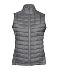 The Gilets & Body Warmers sleeveless quilted waistcoat in grey features a high collar, front zip fastening, and horizontal and vertical stitching, shown against a white background.