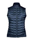 The Gilets & Bodywarmers features a navy blue, sleeveless quilted design with a front zip and stand-up collar, shown on a white background.