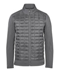The Softshells jacket features a grey, full-zip design with a quilted front, smooth sleeves and sides, stand-up collar, and two zipped side pockets. It's shown on a plain white background.