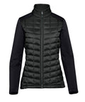 The Softshells women’s jacket features a black quilted front and back, smooth fabric sleeves and shoulders, a high collar, and full front zip, shown on a plain white background.